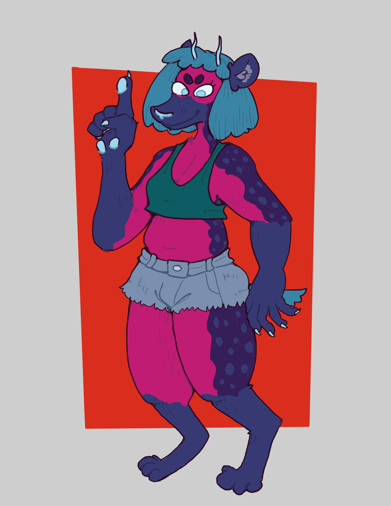 a flat color drawing of the artist's fursona, a blue and purple hyena.